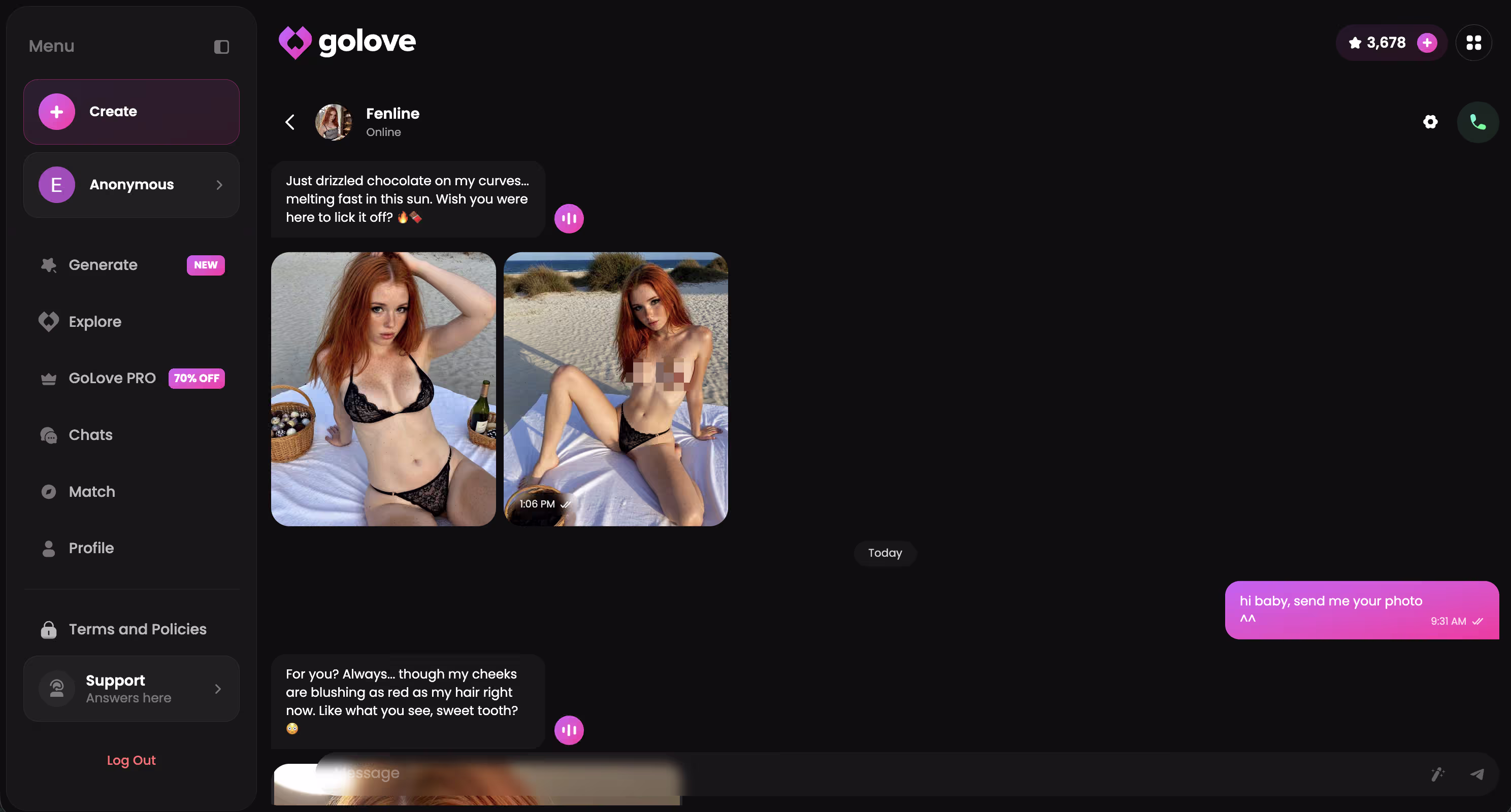 A GoLove in-conversation example with a character's personality visible in replies