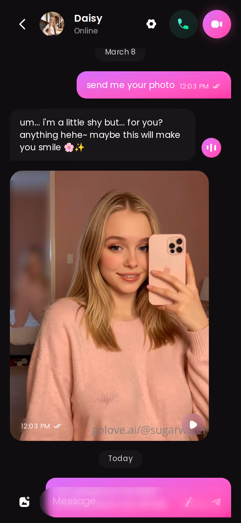 GoLove.ai chat thread on mobile with the bottom navigation visible