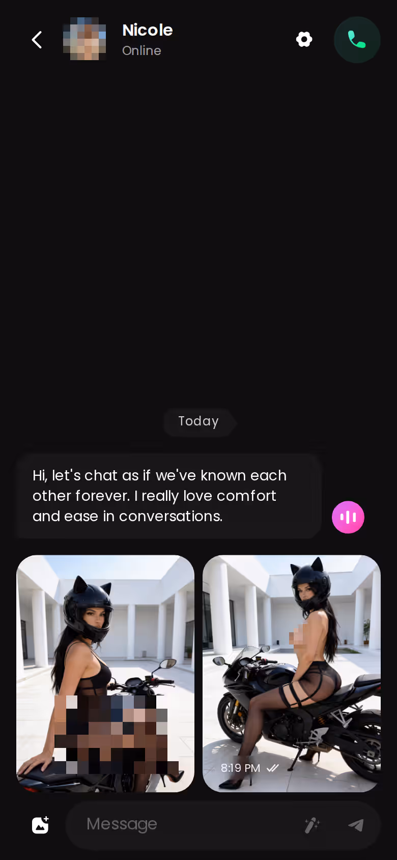 Mobile GoLove.ai chat thread with a flirty character replying in real time
