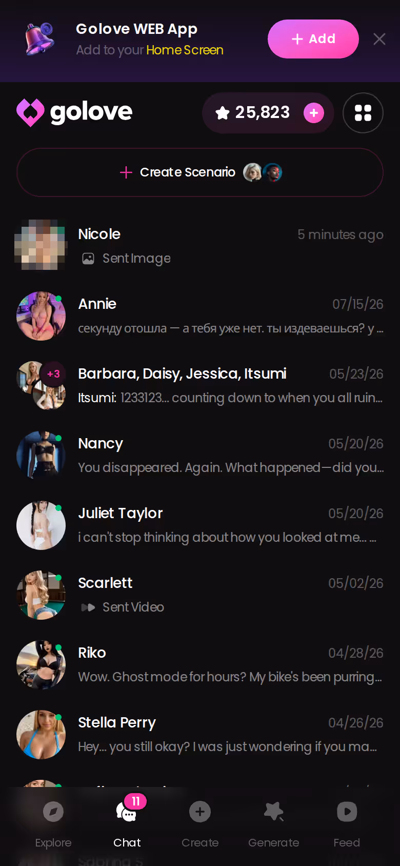 GoLove.ai chats list on mobile showing the companion roster with last-message previews