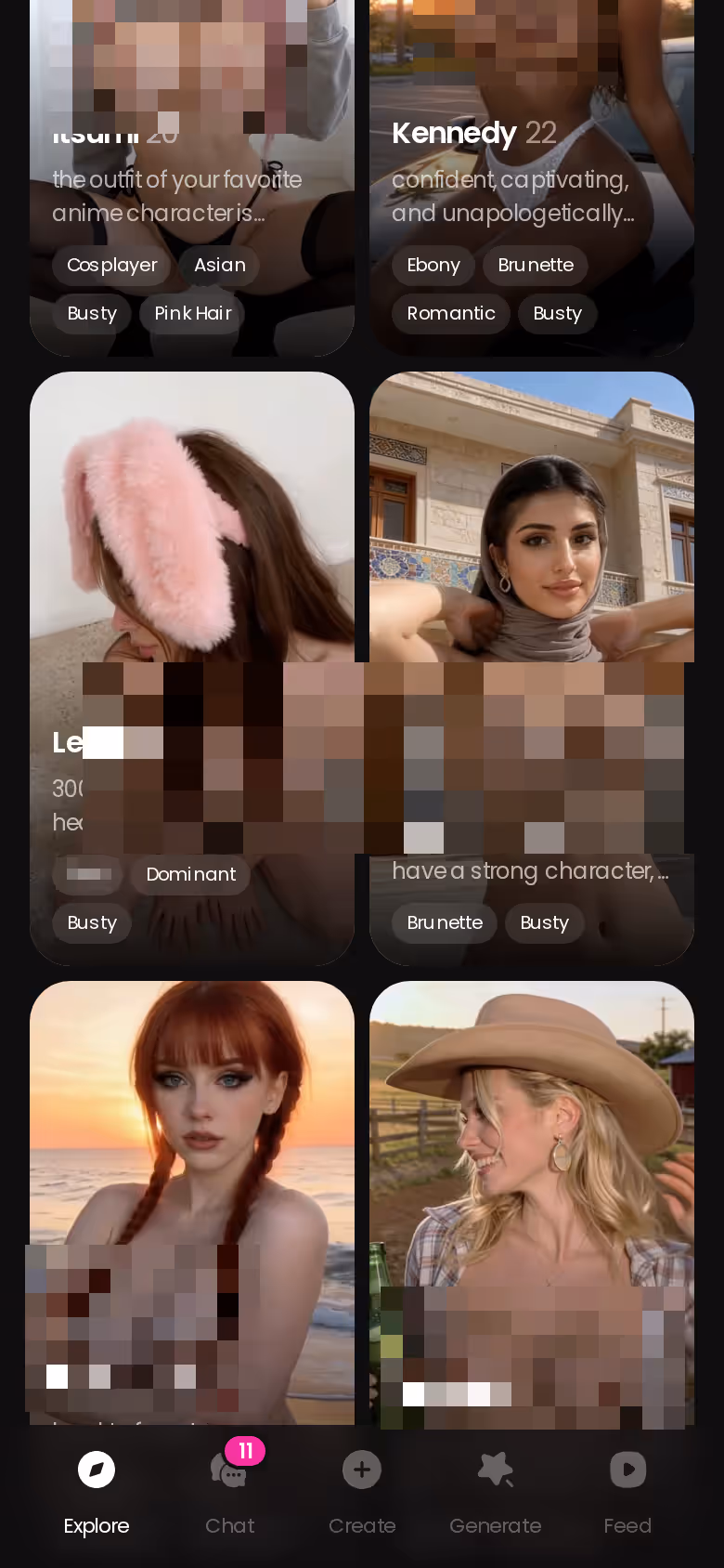 GoLove.ai Explore page on mobile showing realistic AI girlfriend characters ready to chat