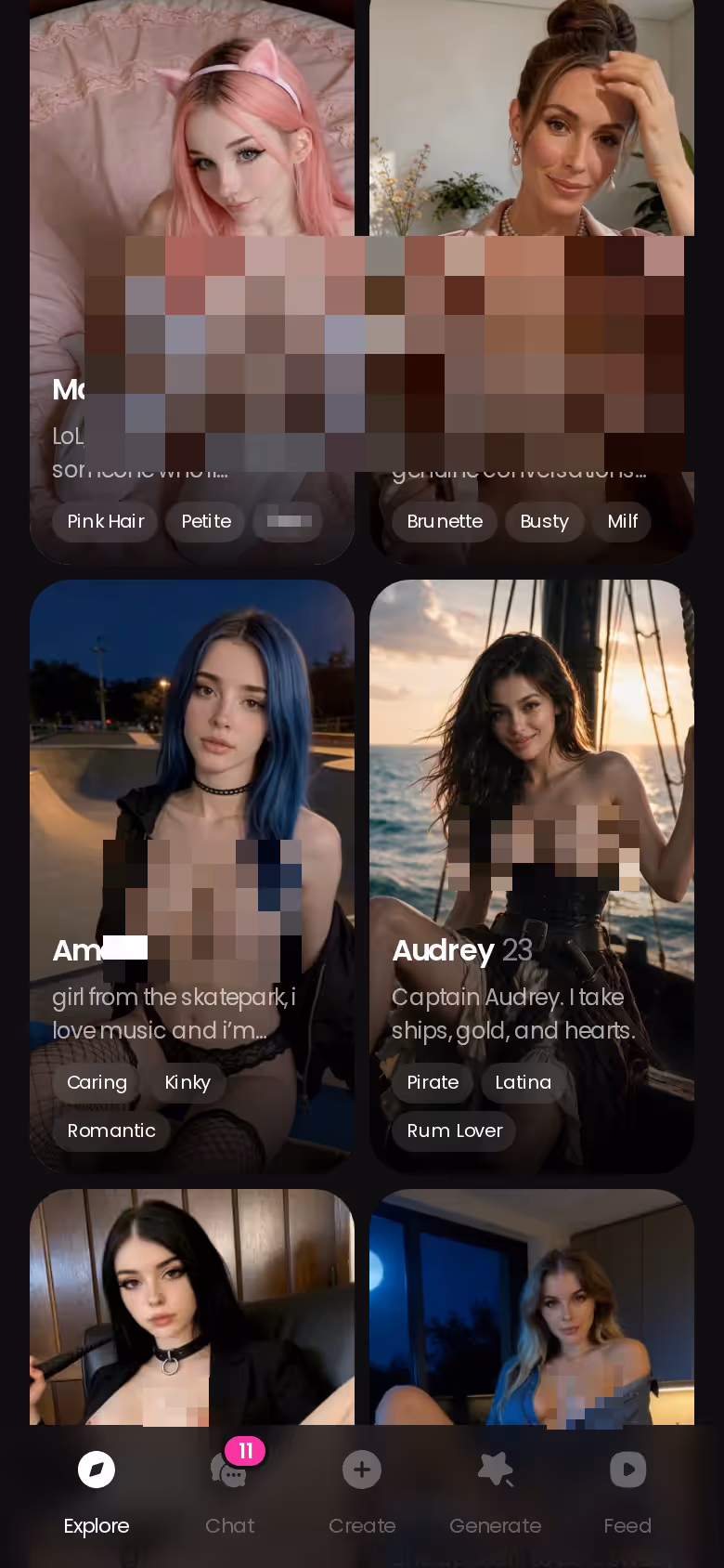 More of the mobile GoLove.ai Explore character grid — nudist chat