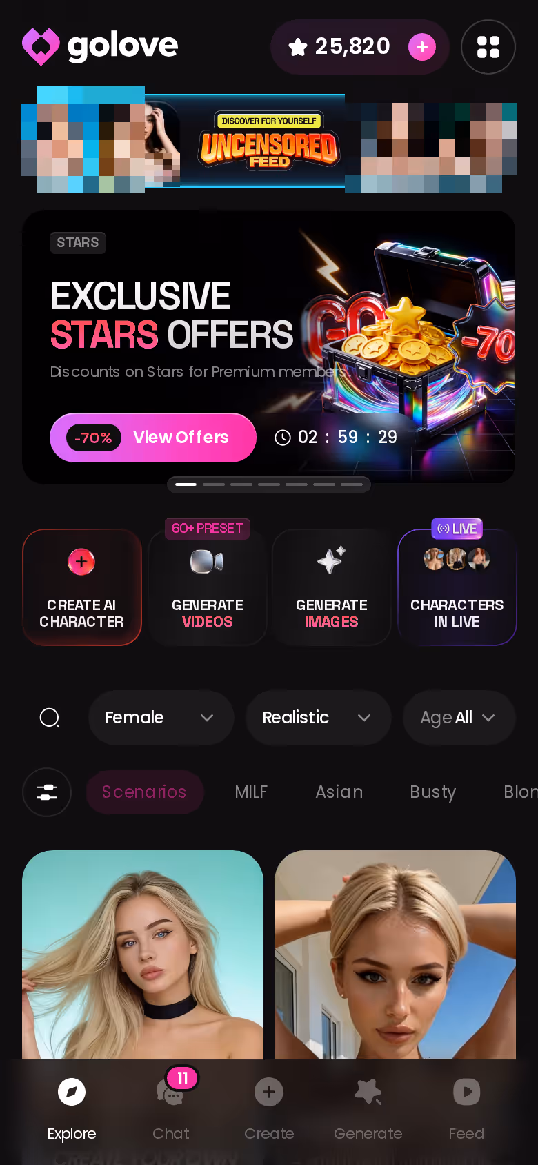 Mobile GoLove.ai Explore page with banners and character grid — replika vs kindroid