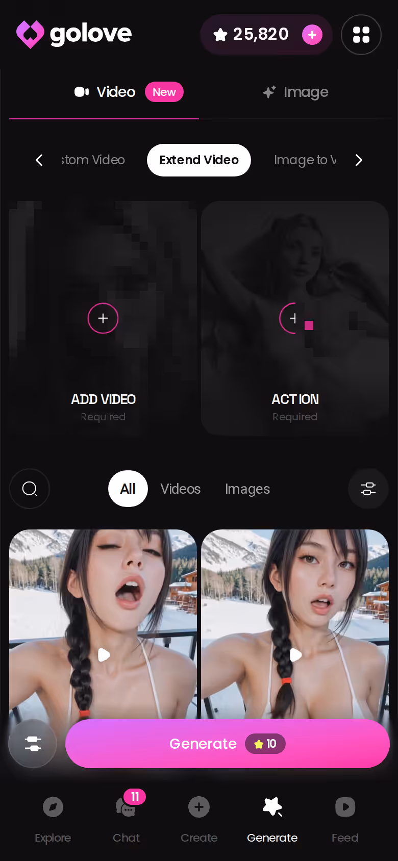 GoLove.ai mobile generator showing the Extend Video option