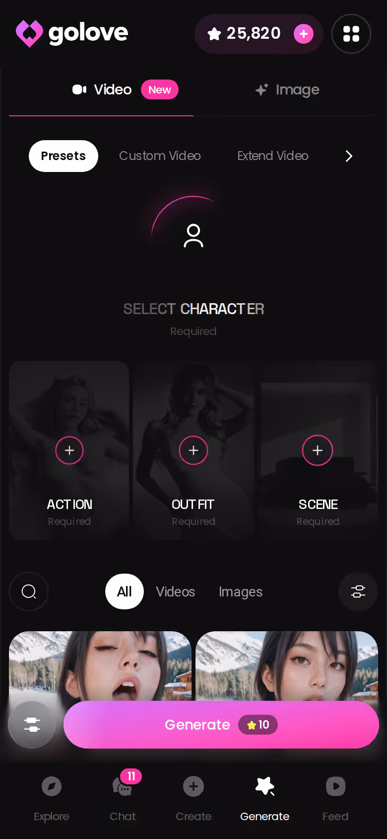 GoLove.ai Generate tab open in Chrome on an Android phone
