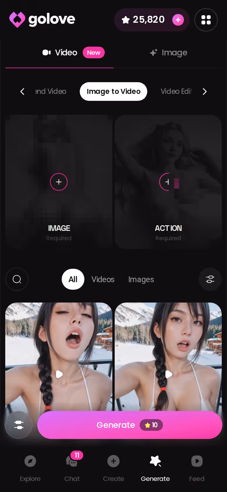 GoLove.ai Image to Video generator on mobile, where video Stars get spent