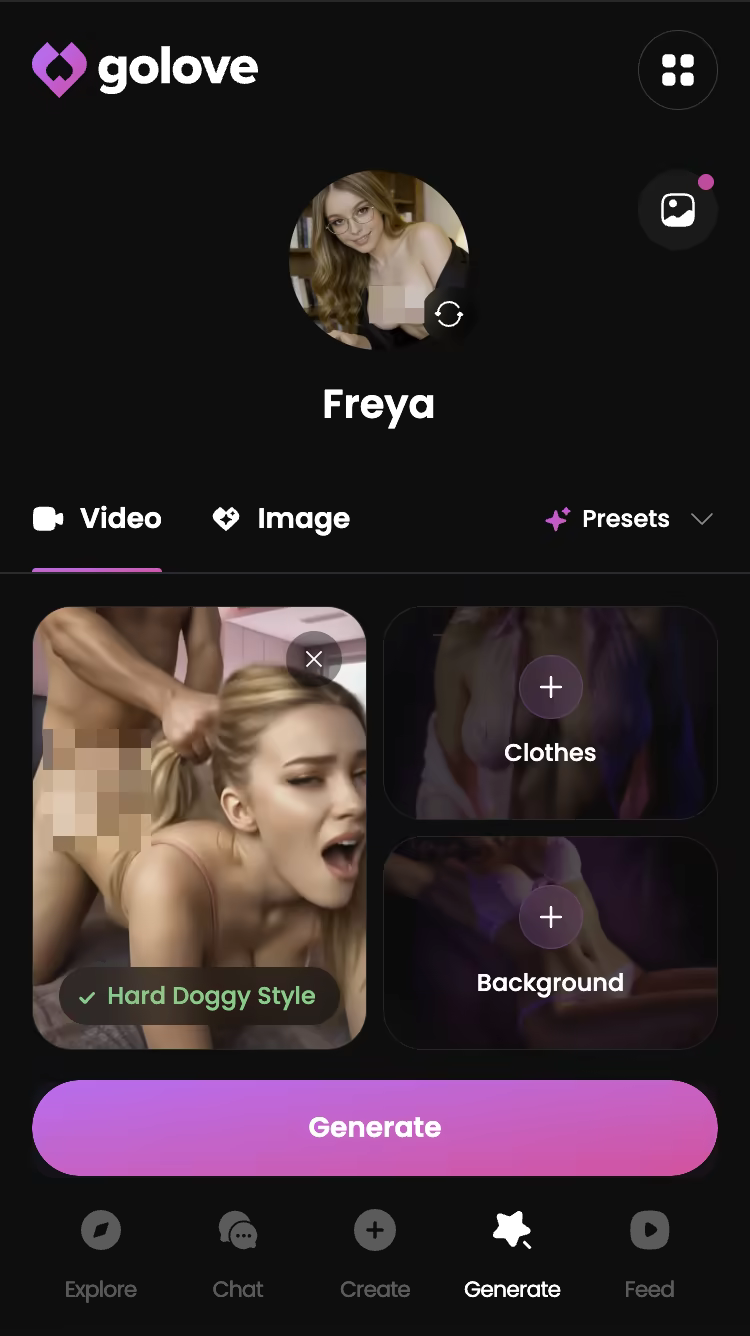 Explicit action preset selected in the GoLove.ai video generator — replika vs kindroid